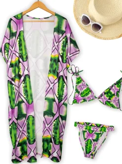 3 Piece Floral Leaf Bikini Top Swim Bottom Cover Up