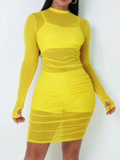 3 Piece Long Sleeve Ruched Sheer Mesh Bodycon Dress