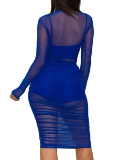 3 Piece Long Sleeve Ruched Sheer Mesh Bodycon Dress