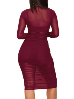 3 Piece Long Sleeve Ruched Sheer Mesh Bodycon Dress