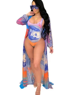 2 Piece Money Print Jumpsuit Bikini Cover Up