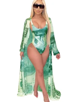 2 Piece Money Print Jumpsuit Bikini Cover Up