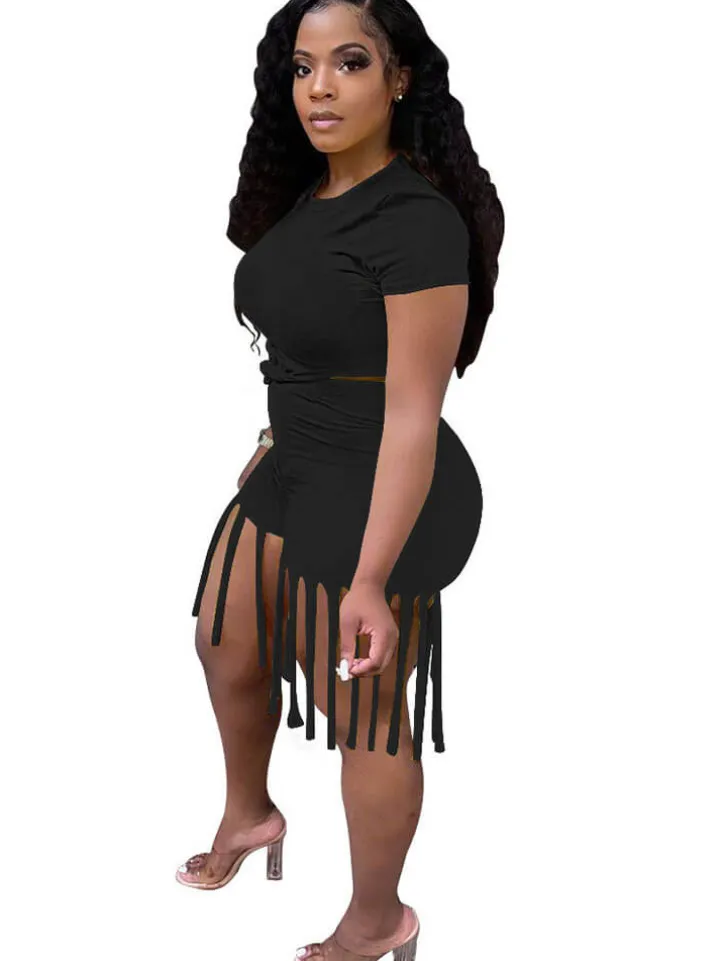 2 Piece Plus Size Knot Front Short Sleeve Top Tassels Shorts