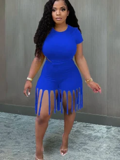 2 Piece Plus Size Knot Front Short Sleeve Top Tassels Shorts