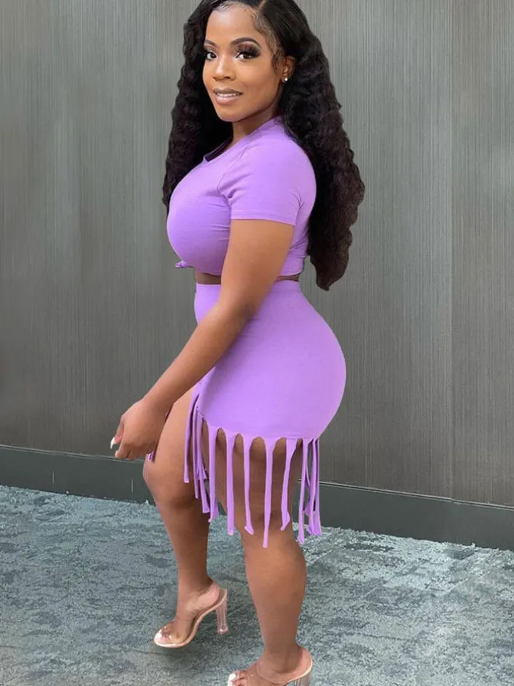 2 Piece Plus Size Knot Front Short Sleeve Top Tassels Shorts