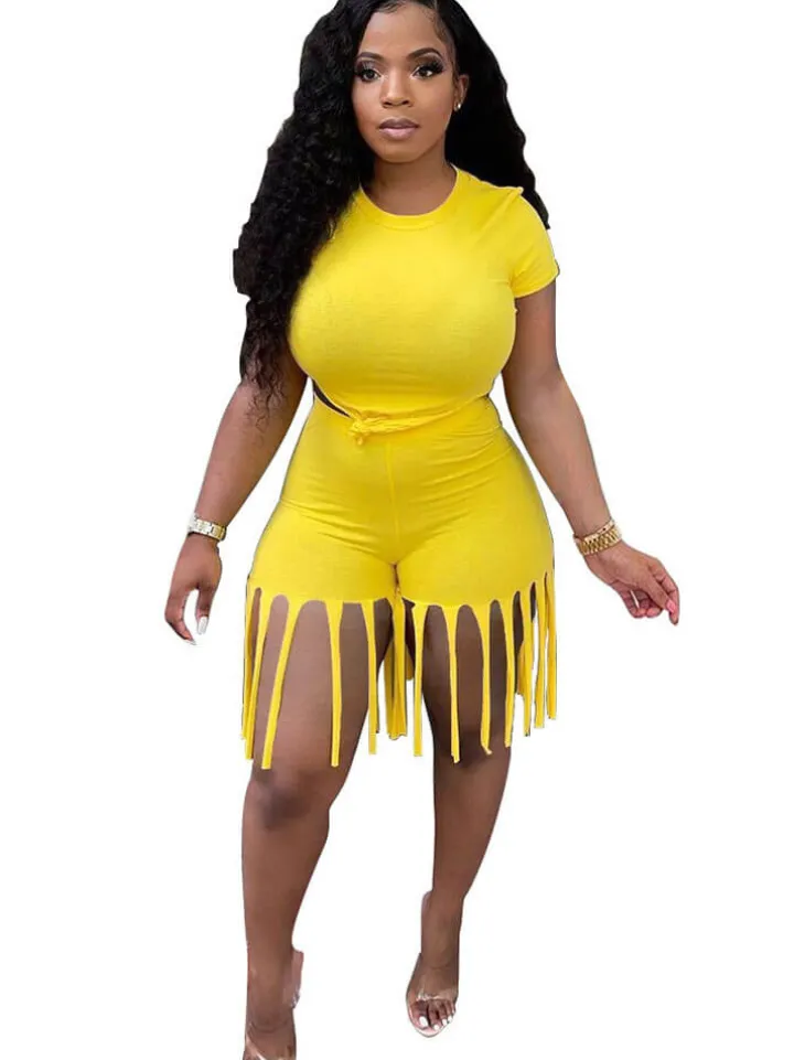 2 Piece Plus Size Knot Front Short Sleeve Top Tassels Shorts
