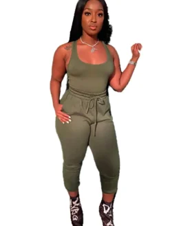 2 Piece Sleeveless Solid Color Tank Top Pants Set