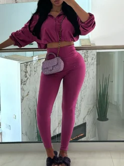 2 Piece Zip Up Crop Jacket Pants Sets