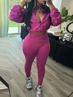 2 Piece Zip Up Crop Jacket Pants Sets