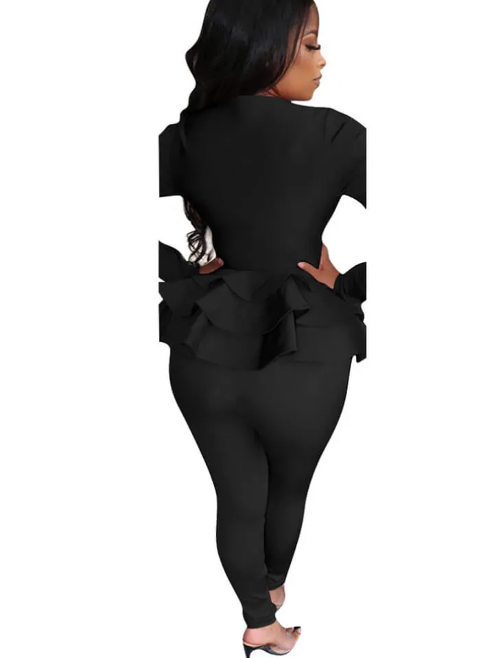 2 Piece Zipper Ruffle Hem Jacket Bodycon Pants Set Tracksuits