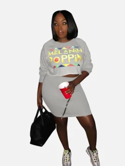 2 Pieces Black Pop Print Sweatshirt Top Mini Skirt Set