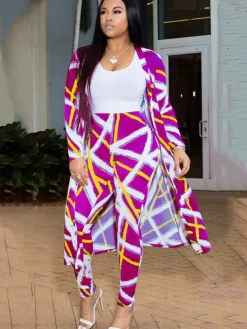 2 Pieces Stripe Print Cardigan Cover-Up+Pants