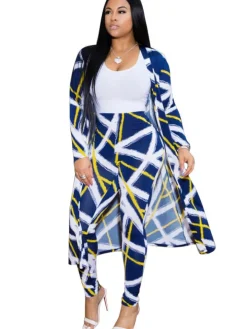 2 Pieces Stripe Print Cardigan Cover-Up+Pants