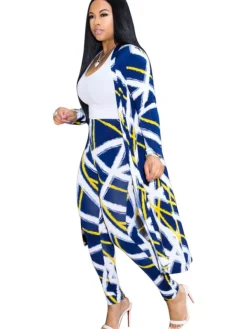 2 Pieces Stripe Print Cardigan Cover-Up+Pants