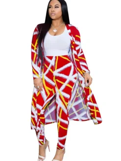 2 Pieces Stripe Print Cardigan Cover-Up+Pants