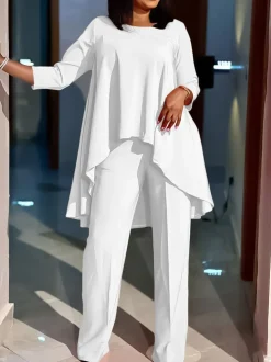 Asymmetric Hem Top Wide Leg Pants Set