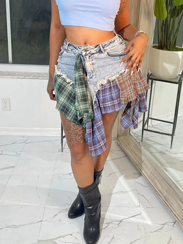 Asymmetric Plaid Patchwork Denim Mini Skirt
