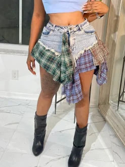 Asymmetric Plaid Patchwork Denim Mini Skirt