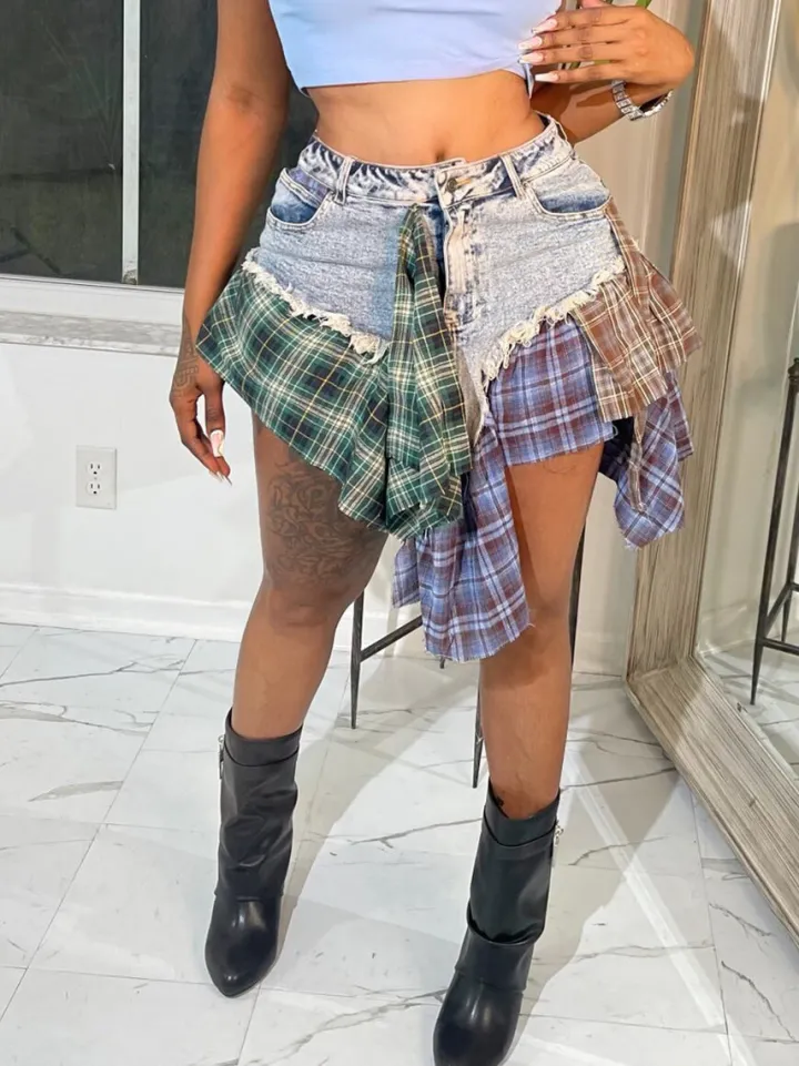 Asymmetric Plaid Patchwork Denim Mini Skirt