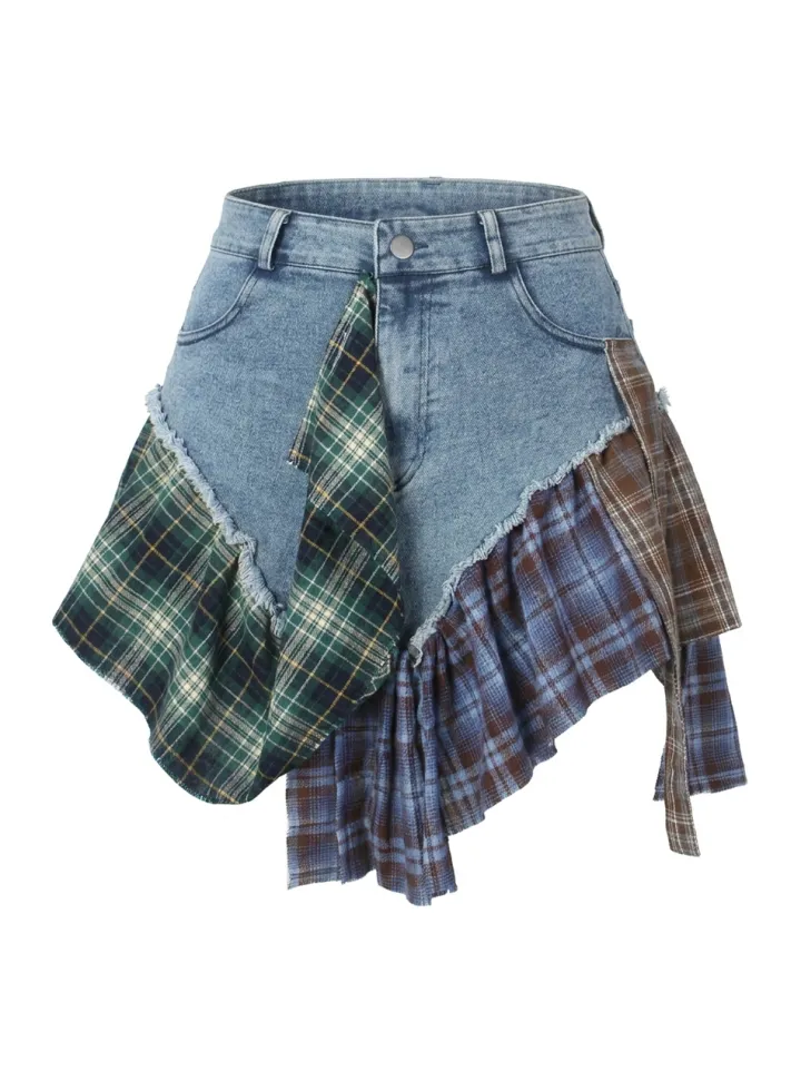 Asymmetric Plaid Patchwork Denim Mini Skirt