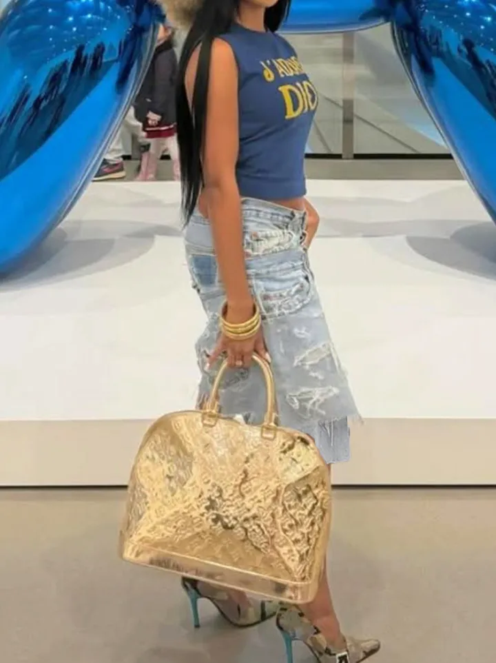 Asymmetrical Distressed Denim Capri Pants