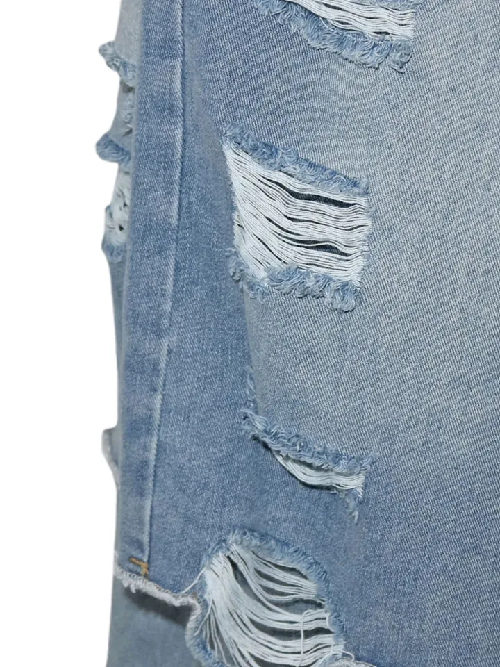 Asymmetrical Distressed Denim Capri Pants