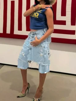 Asymmetrical Distressed Denim Capri Pants