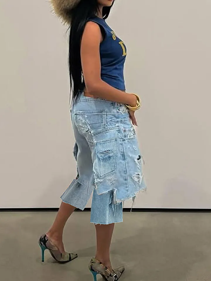 Asymmetrical Distressed Denim Capri Pants