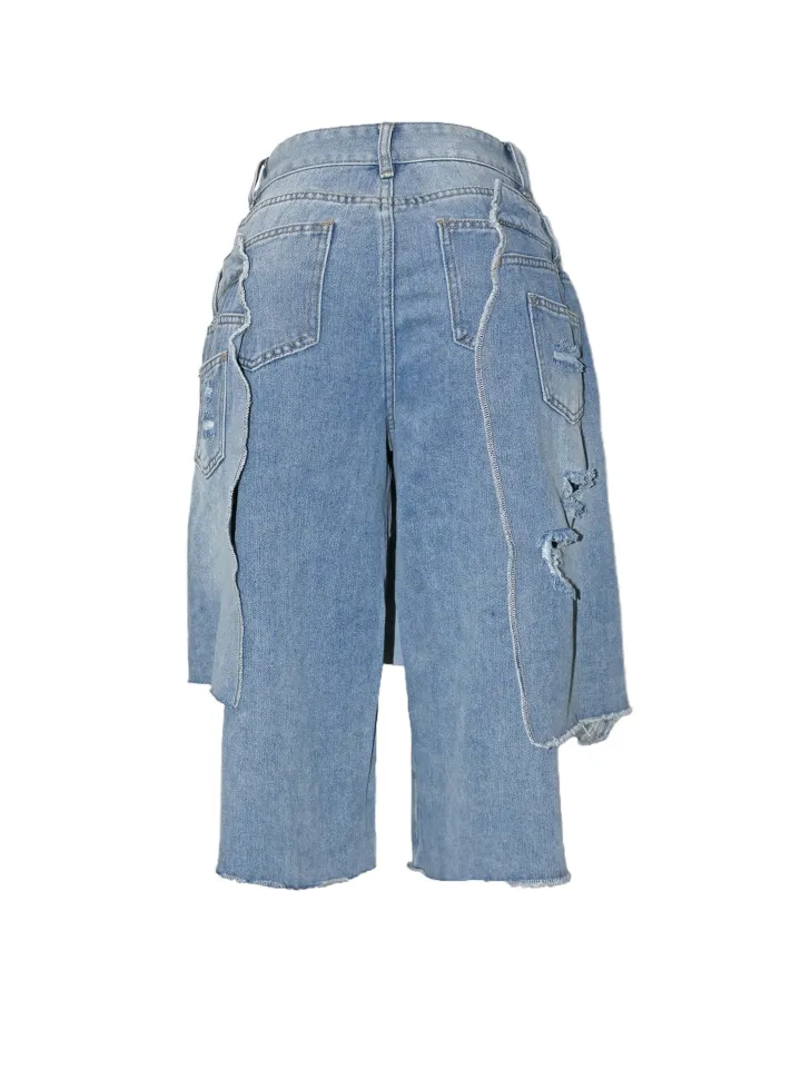 Asymmetrical Distressed Denim Capri Pants