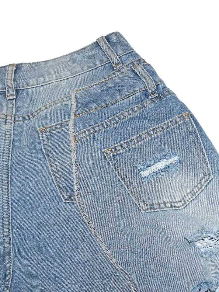 Asymmetrical Distressed Denim Capri Pants