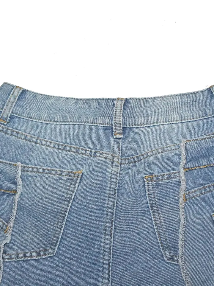 Asymmetrical Distressed Denim Capri Pants