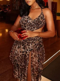 Asymmetrical Leopard Halter Neck Dress