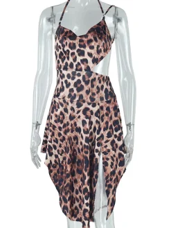 Asymmetrical Leopard Halter Neck Dress
