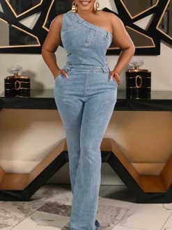 Asymmetrical Shoulder Denim Jumpsuit