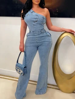 Asymmetrical Shoulder Denim Jumpsuit