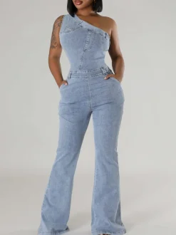 Asymmetrical Shoulder Denim Jumpsuit