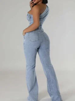 Asymmetrical Shoulder Denim Jumpsuit