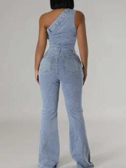 Asymmetrical Shoulder Denim Jumpsuit