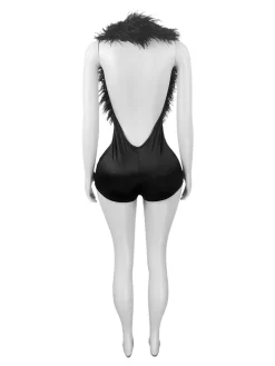 Backless Halter Faux Fur Trim Romper