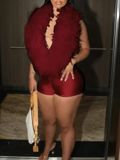 Backless Halter Faux Fur Trim Romper