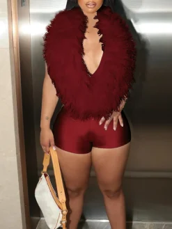 Backless Halter Faux Fur Trim Romper