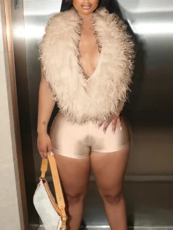 Backless Halter Faux Fur Trim Romper