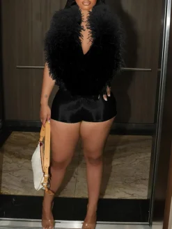 Backless Halter Faux Fur Trim Romper