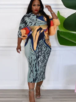 Bat Sleeve Floral Print Midi Dress