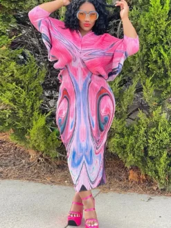 Bat Sleeve Floral Print Midi Dress