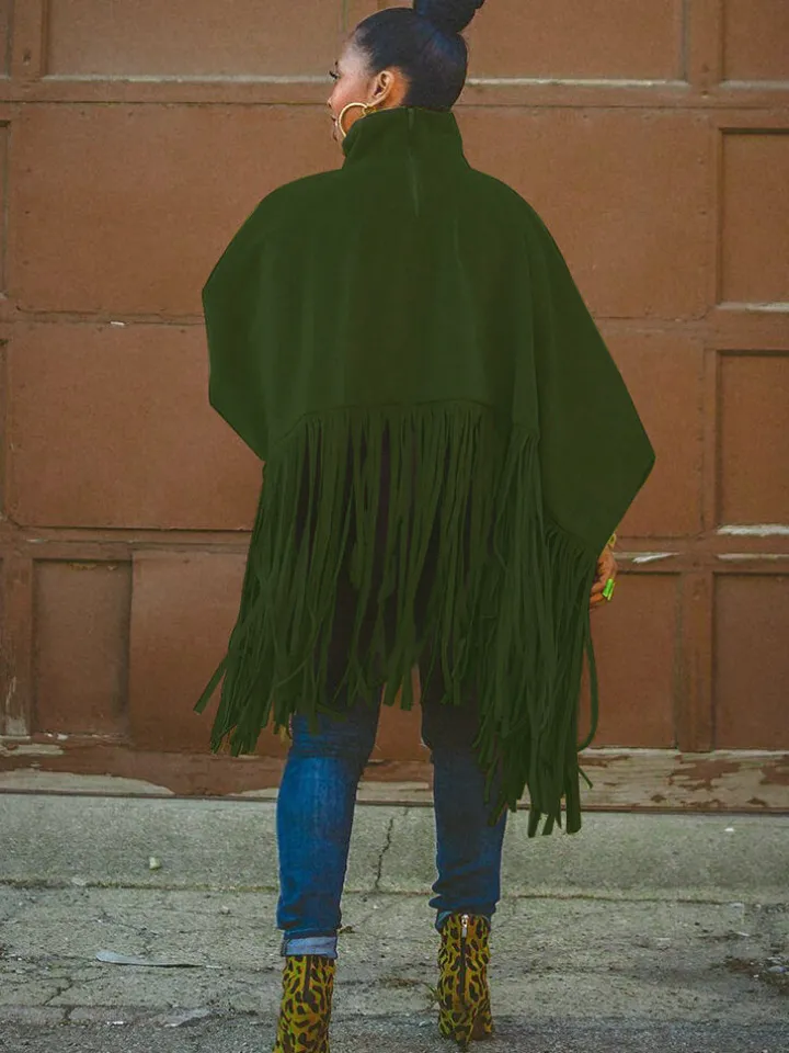 Batwing Sleeve Zipper Tassel Ponchos Top