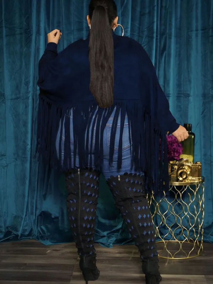 Batwing Sleeve Zipper Tassel Ponchos Top