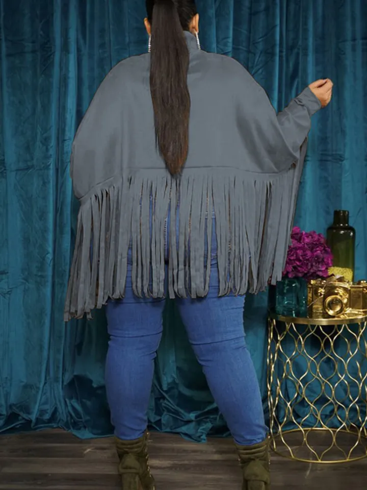 Batwing Sleeve Zipper Tassel Ponchos Top