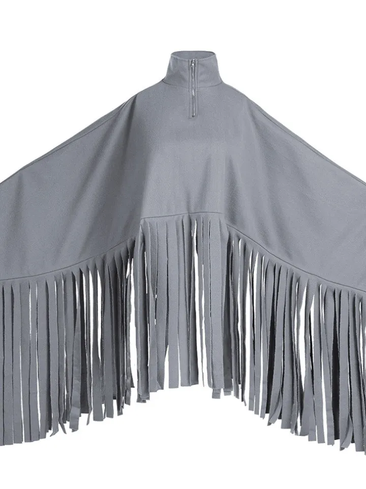 Batwing Sleeve Zipper Tassel Ponchos Top