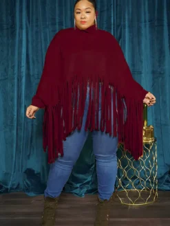 Batwing Sleeve Zipper Tassel Ponchos Top